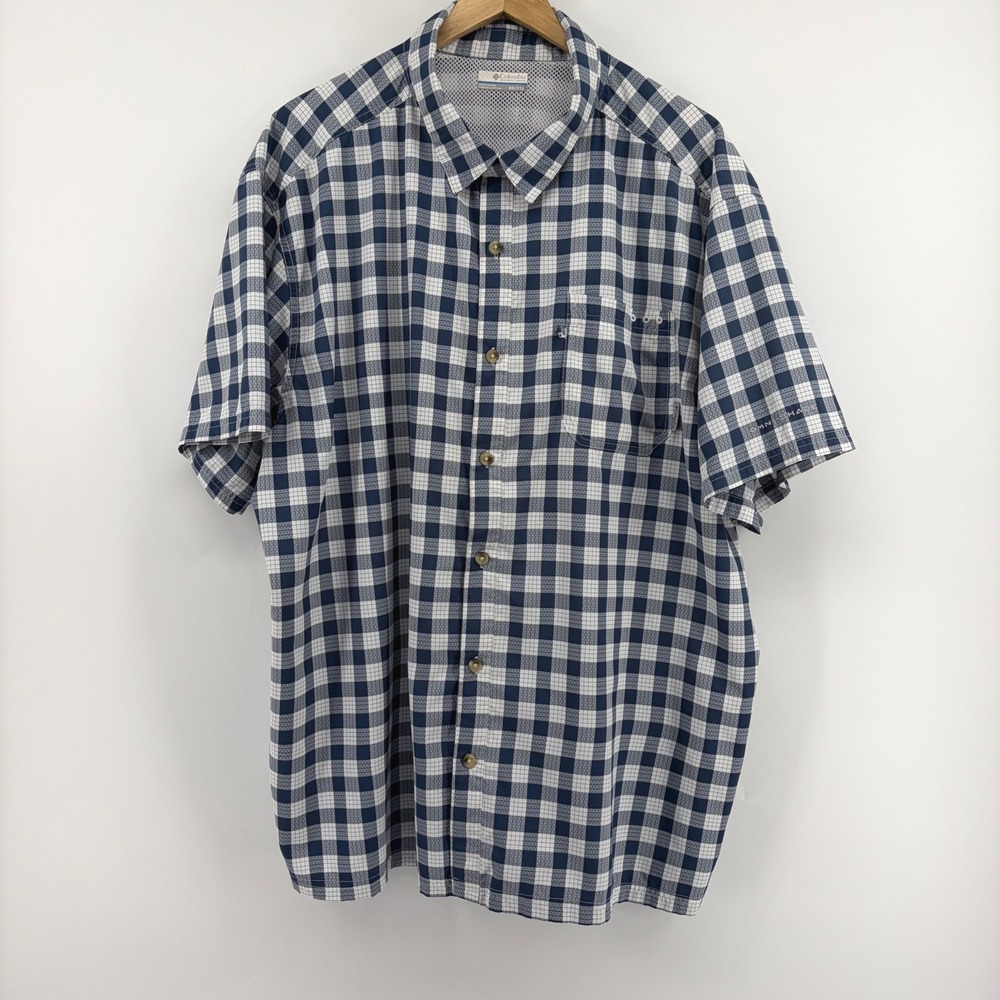 Columbia PFG Fishing‎ Shirt Men's Blue White Plaid Short Sleeve Omni Shade XXL